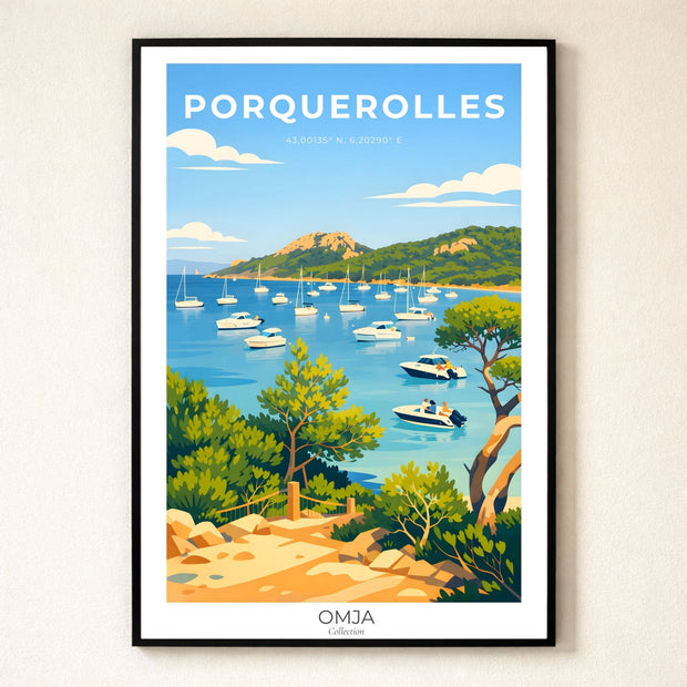 Affiche Porquerolles – Côte d’Azur | Poster de voyage Méditerranée | Déco murale bord de mer élégante