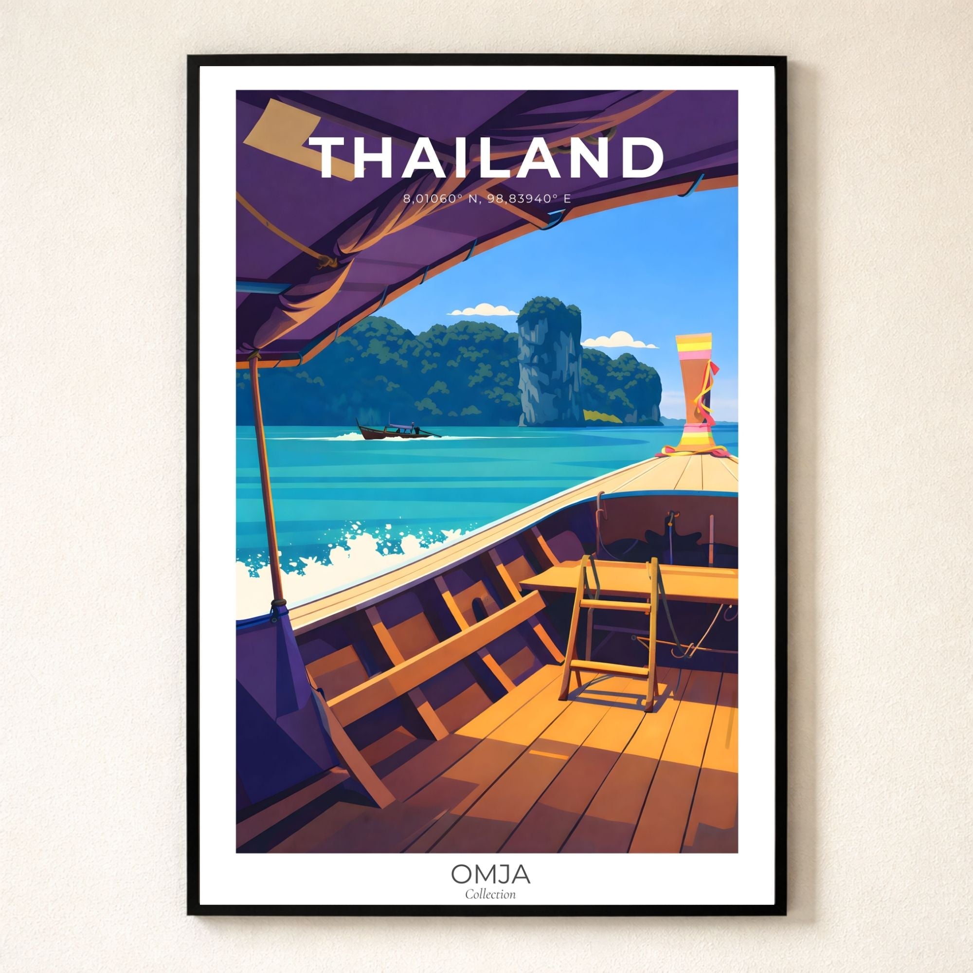 Affiche Thaïlande Krabi – Longtail boat sur la mer d’Andaman | Poster voyage premium | Déco murale bohème chic