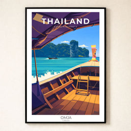 Affiche Thaïlande Krabi – Longtail boat sur la mer d’Andaman | Poster voyage premium | Déco murale bohème chic