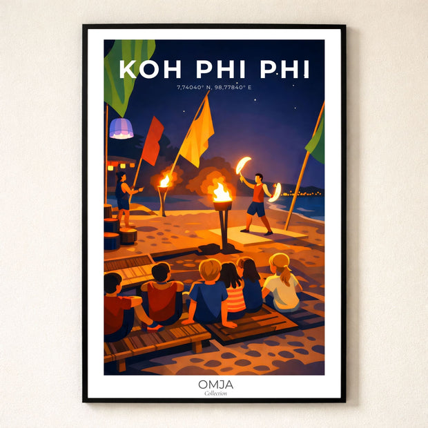 Affiche Koh Phi Phi Thaïlande – Nuit tropicale & spectacle de feu sur la plage, poster voyage photo authentique, déco bohème