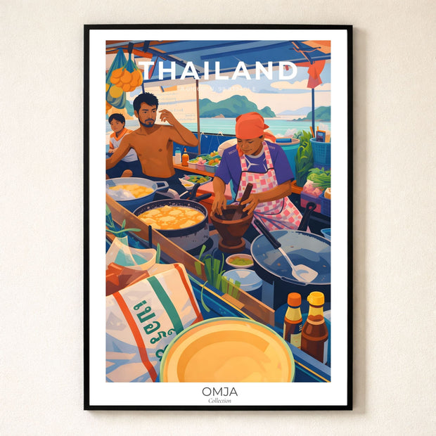 Affiche Thaïlande Railay Beach, Krabi – ambiance street food tropicale, photo de voyage authentique, déco bohème chic murale