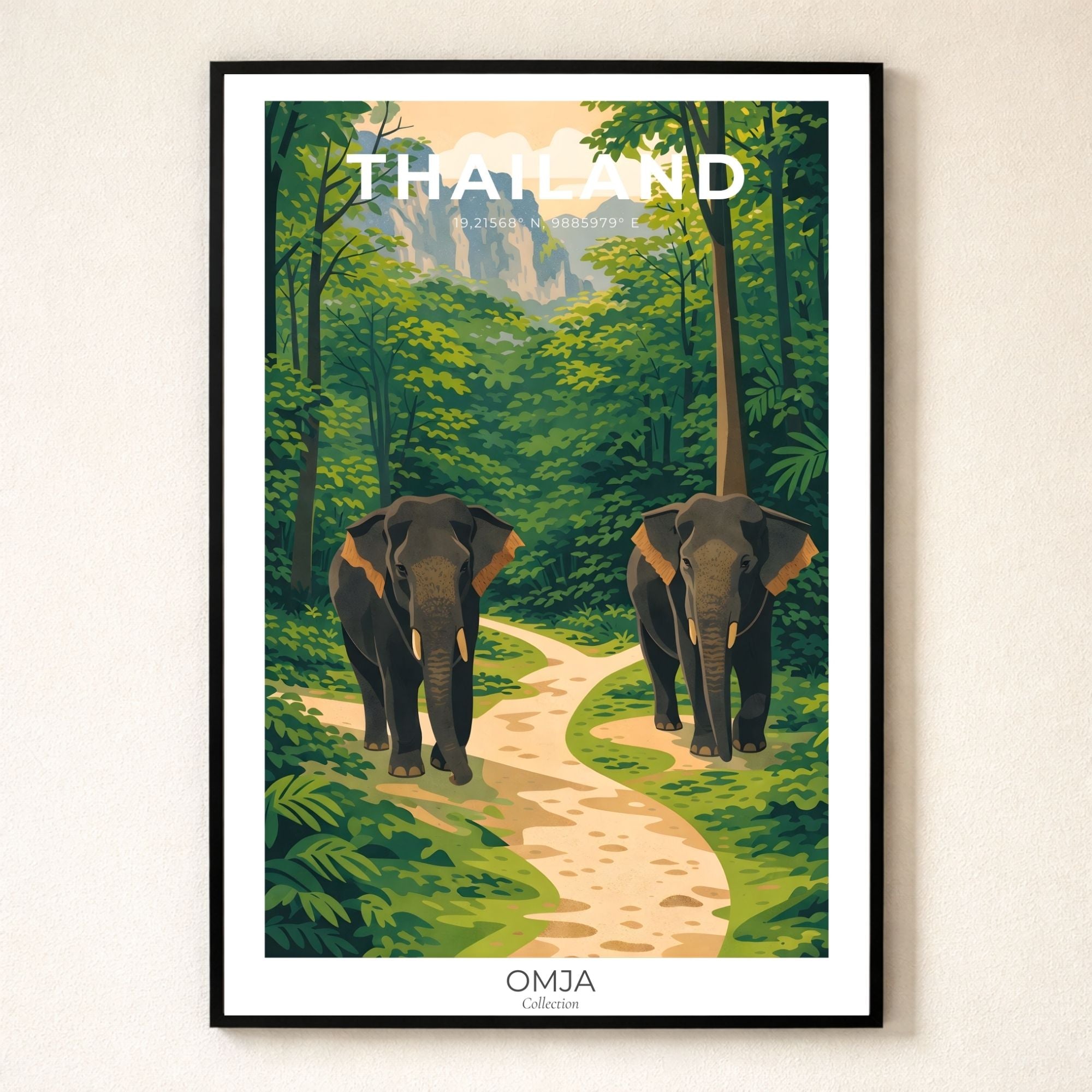 Affiche Thaïlande Nord • Éléphants & jungle tropicale • Poster voyage avec coordonnées GPS • Photo originale de nos aventures