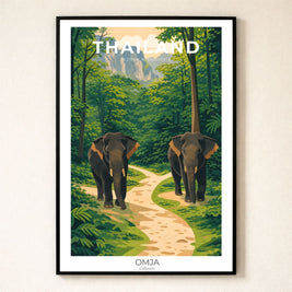 Affiche Thaïlande Nord • Éléphants & jungle tropicale • Poster voyage avec coordonnées GPS • Photo originale de nos aventures