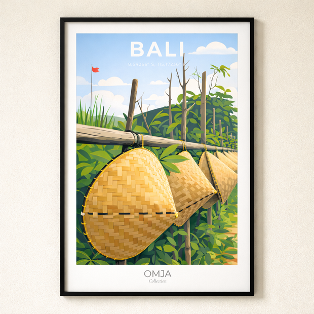 Affiche Bali – Esprit rizières & artisanat balinais | Décoration murale voyage, poster tropical chic