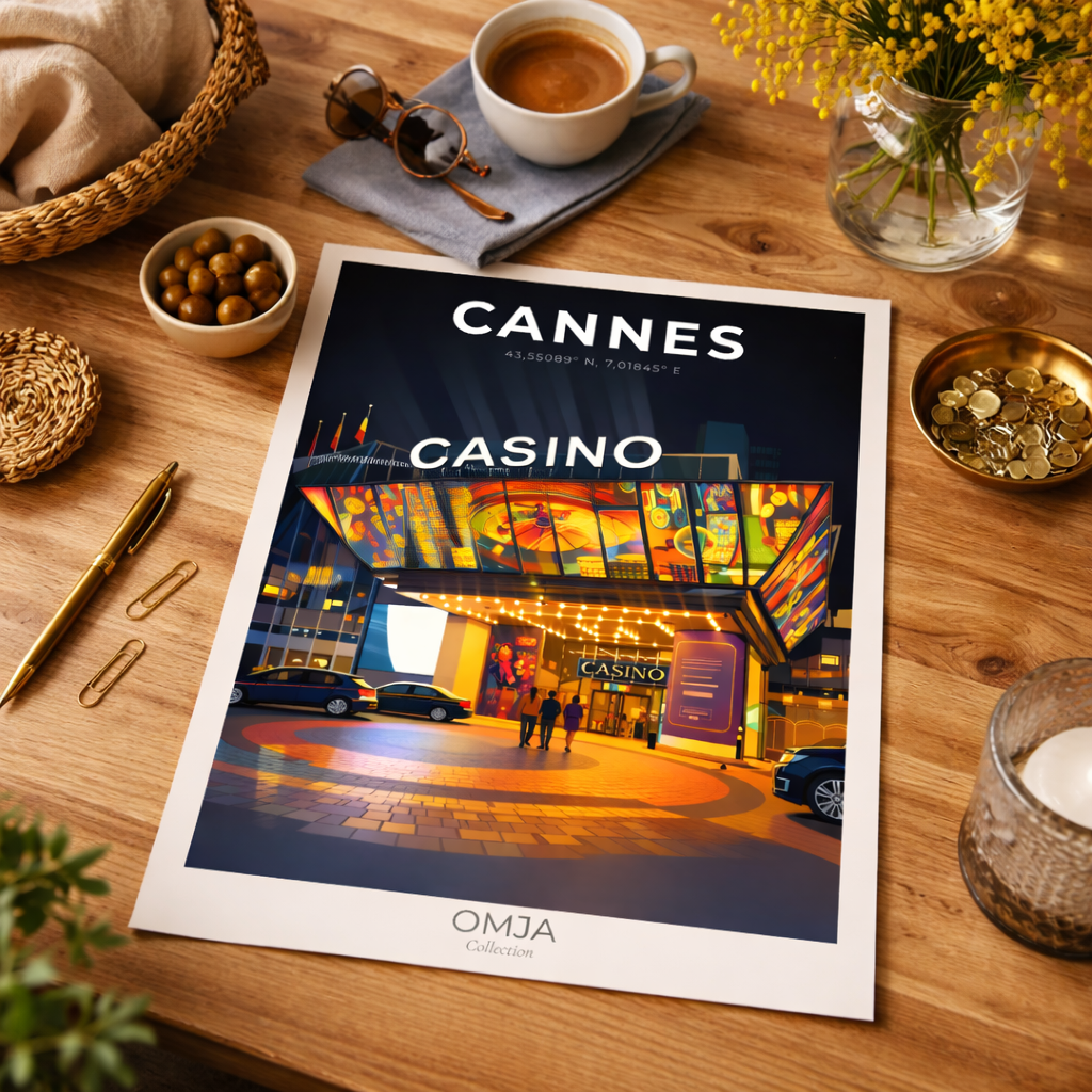 Cannes France poster – Casino & Riviera at night, chic French Riviera poster, elegant decor, original travel photo