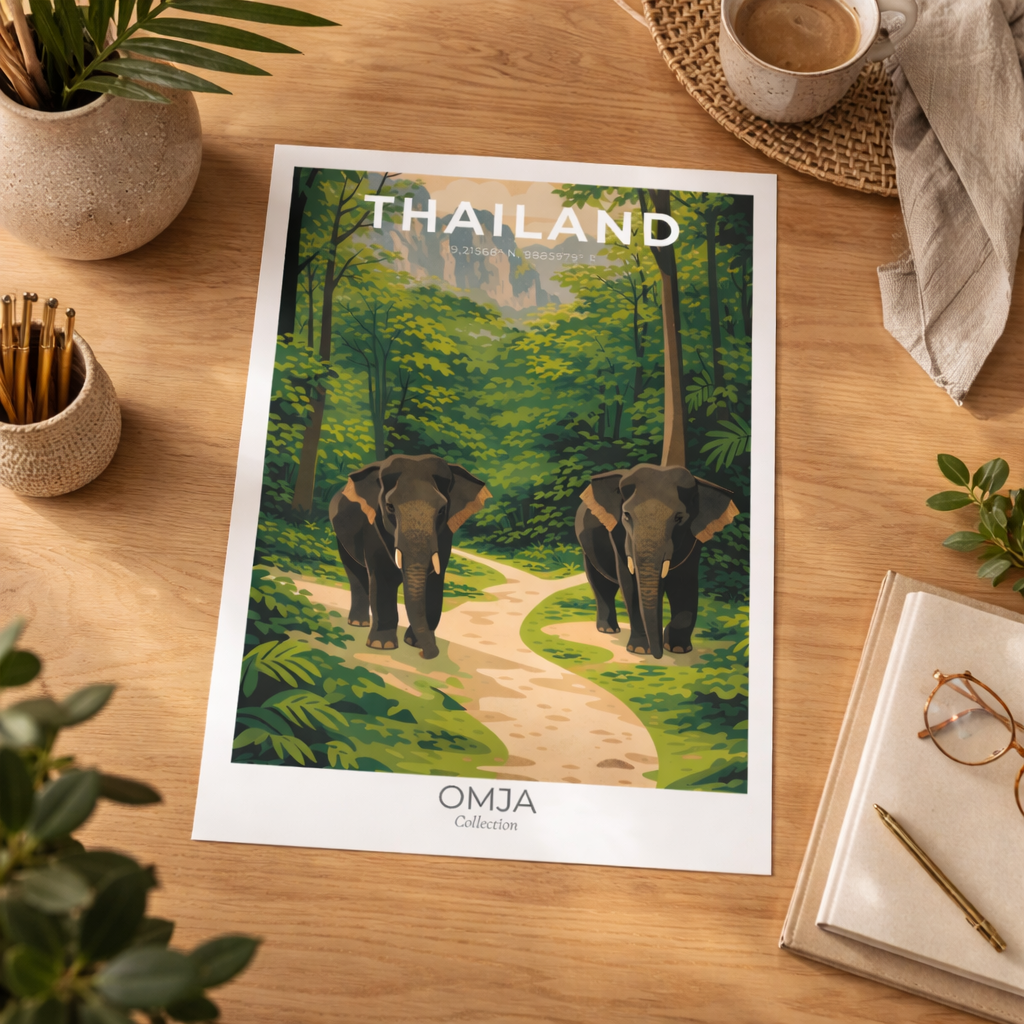 Affiche Thaïlande Nord • Éléphants & jungle tropicale • Poster voyage avec coordonnées GPS • Photo originale de nos aventures