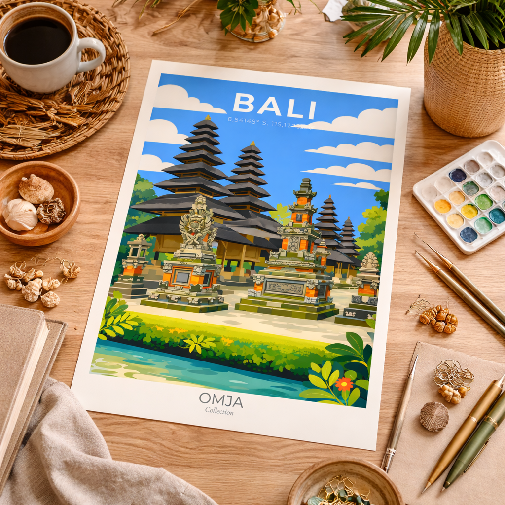 Affiche Bali – Temple Balinais & Évasion Tropicale | Poster Voyage Indonésie | Déco Murale Bohème Chic