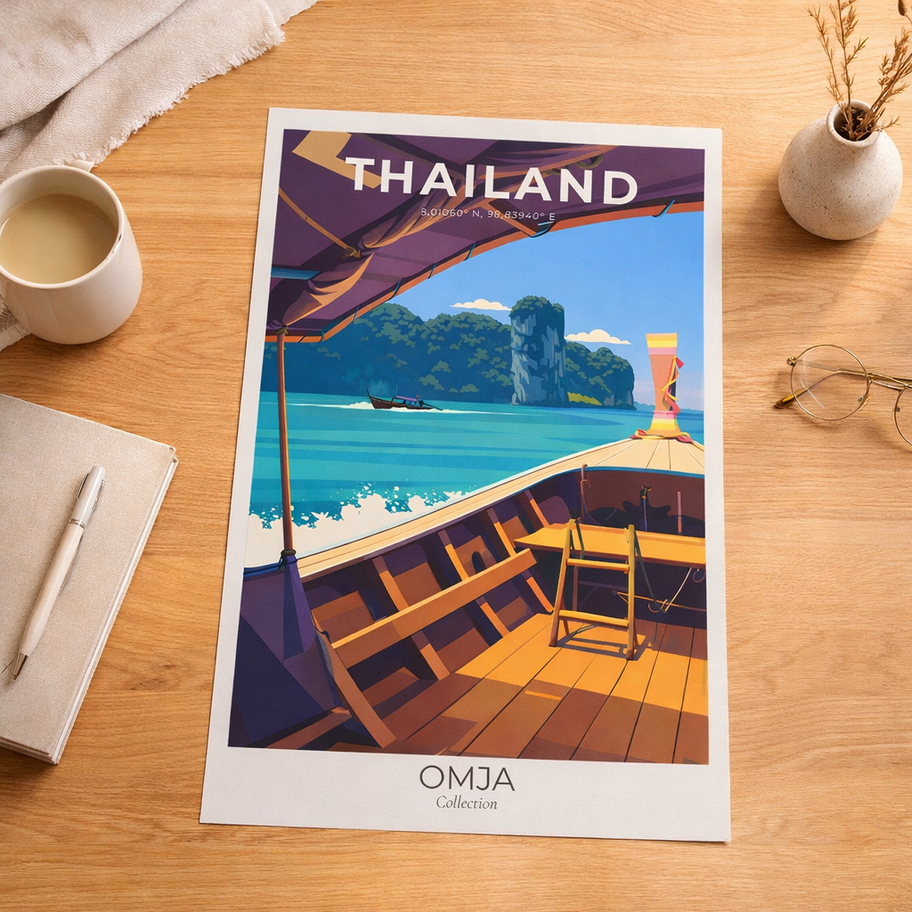 Affiche Thaïlande Krabi – Longtail boat sur la mer d’Andaman | Poster voyage premium | Déco murale bohème chic
