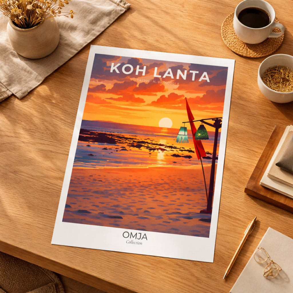Affiche Koh Lanta Thaïlande – coucher de soleil Andaman, déco murale tropicale, photo originale de voyage, cadeau bord de mer