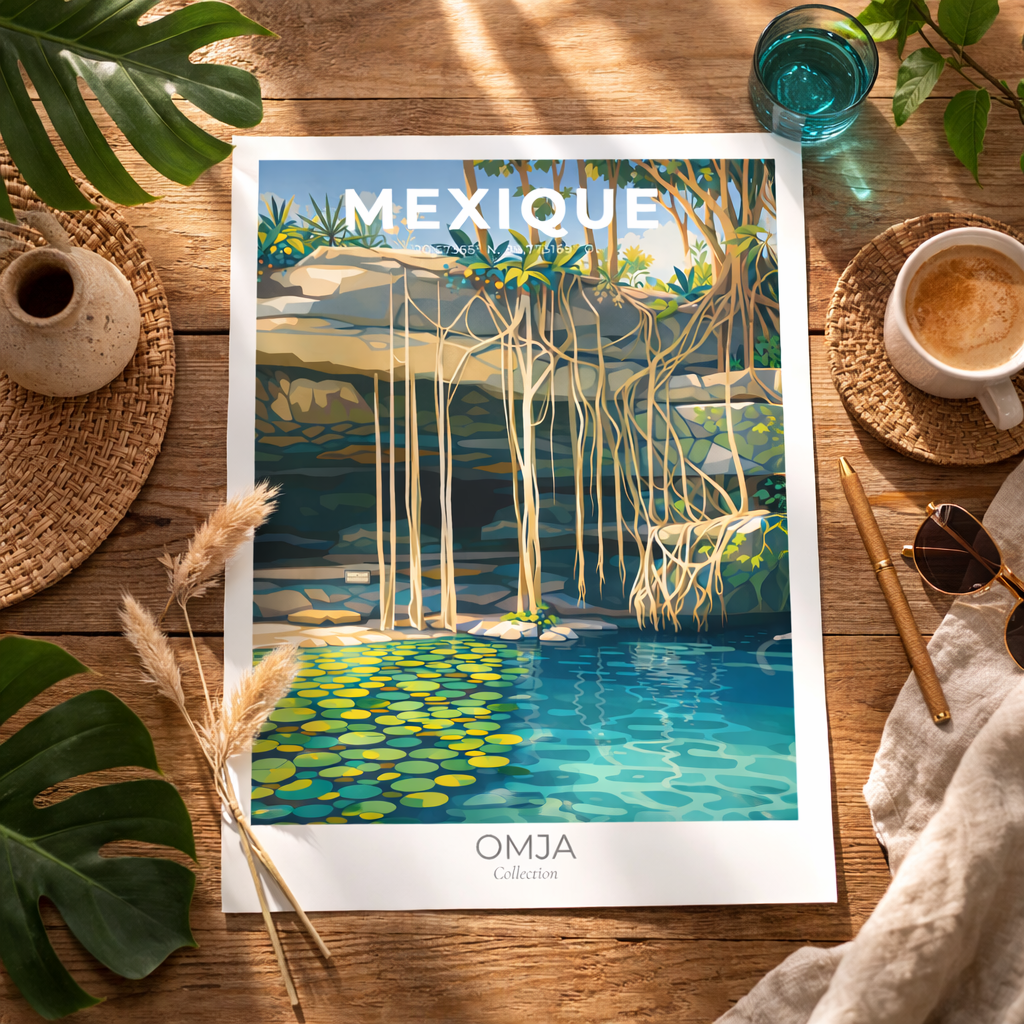 Affiche Mexique – Cénote Tropical & Racines Suspendues | Poster Voyage Nature Déco Murale