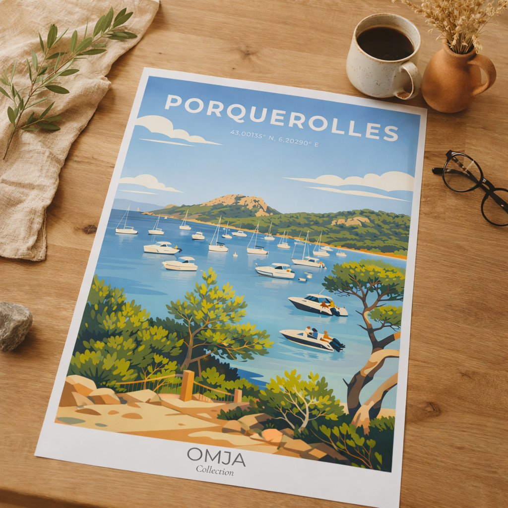 Affiche Porquerolles – Côte d’Azur | Poster de voyage Méditerranée | Déco murale bord de mer élégante