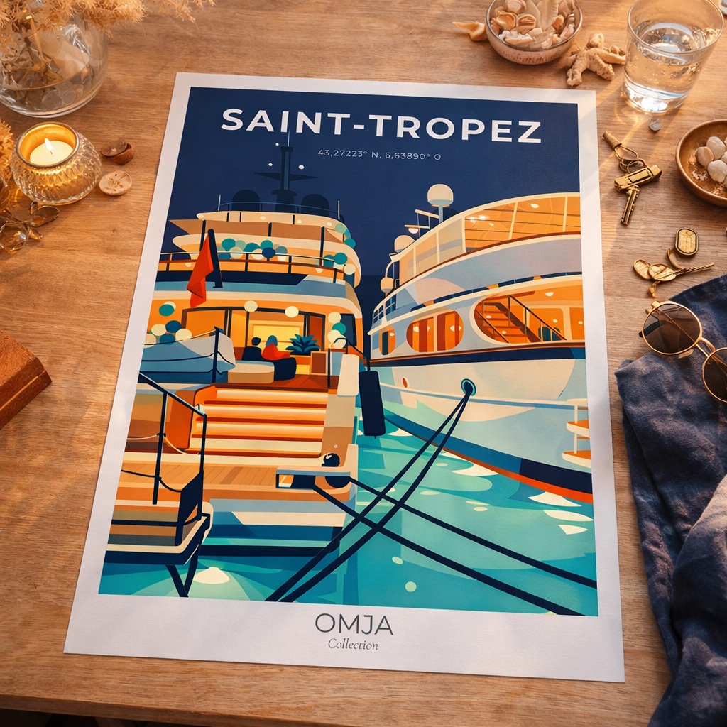 Affiche Saint-Tropez Port – glamour de la Côte d’Azur, poster voyage premium, déco méditerranéenne chic