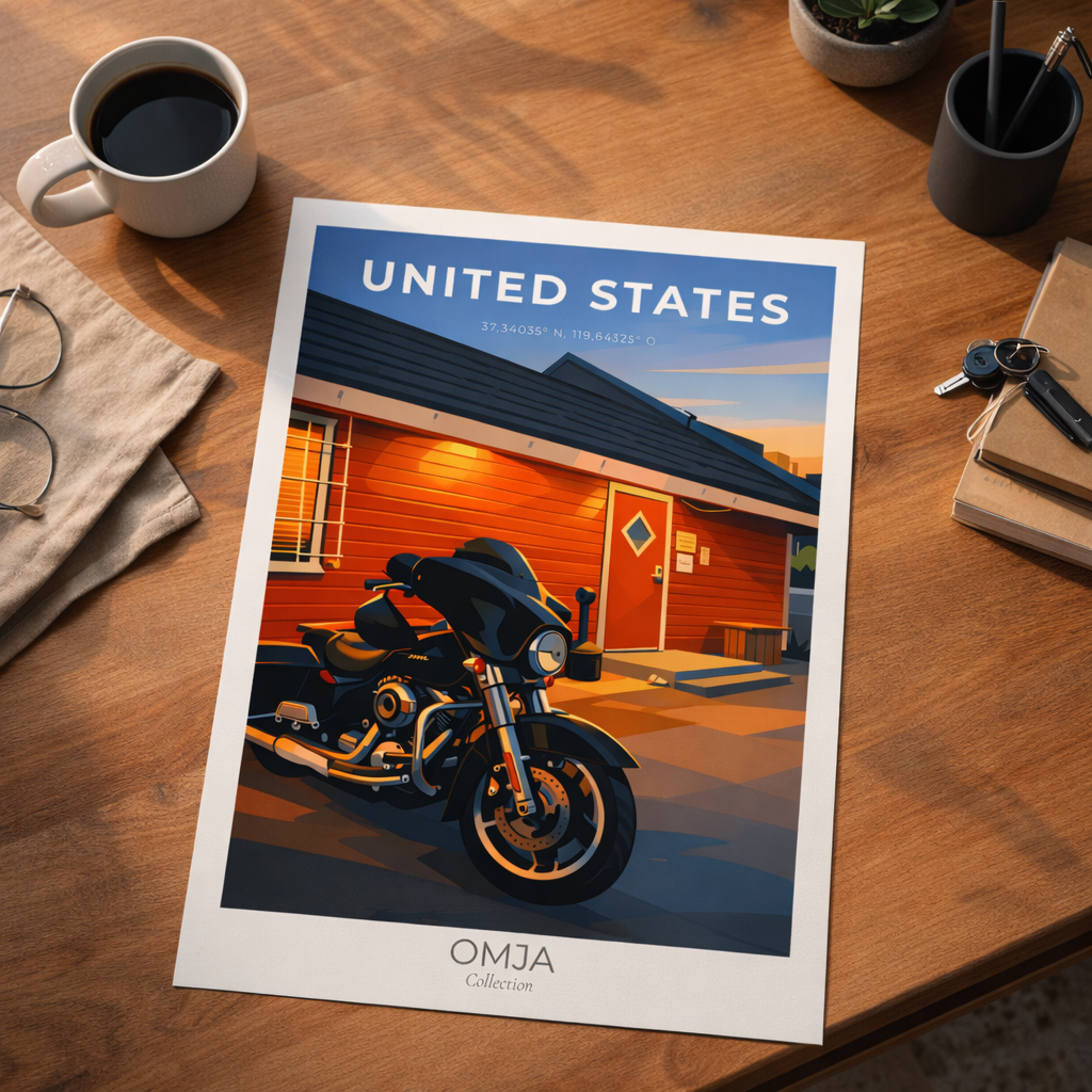Affiche voyage Yosemite, Californie – Poster United States sunset road trip moto, déco murale vintage moderne