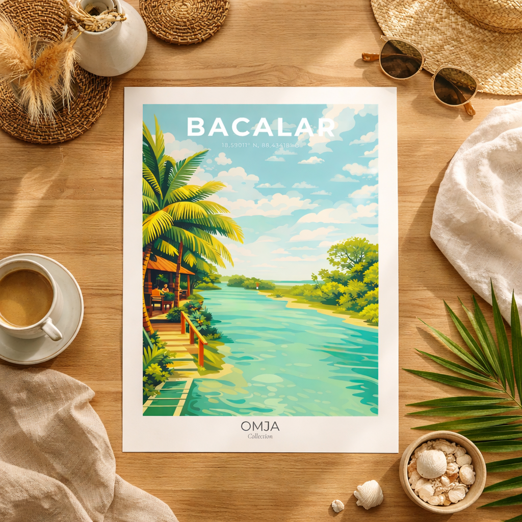 Affiche Bacalar Mexique – Poster lagune turquoise, déco murale tropicale chic, souvenir de voyage authentique