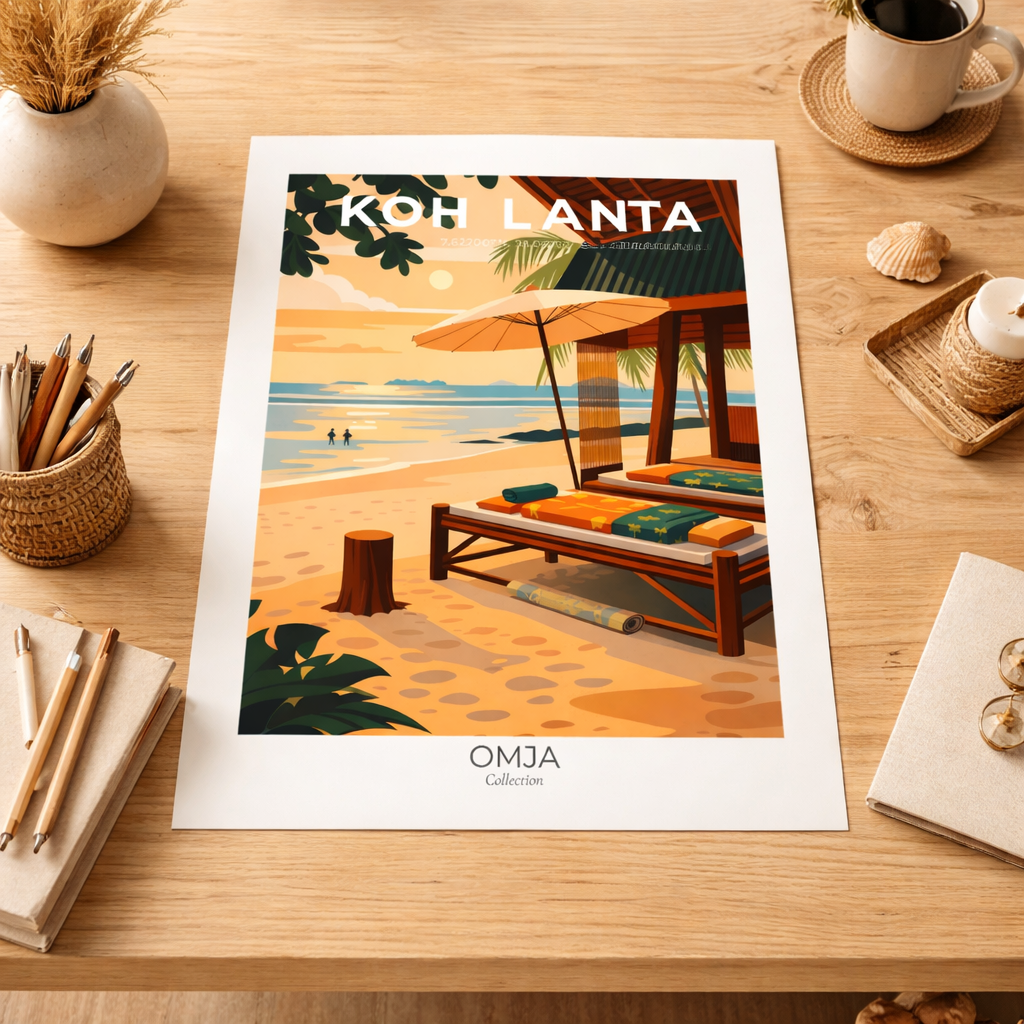 Affiche Koh Lanta Thaïlande – Sunset Andaman & esprit tropical chic, poster voyage photo originale, déco bohème bord de mer