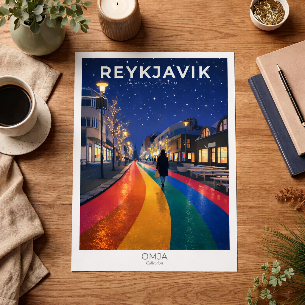 Affiche Reykjavik Arc-en-Ciel – Rue Colorée de Nuit en Islande | Poster Voyage Scandinave Moderne