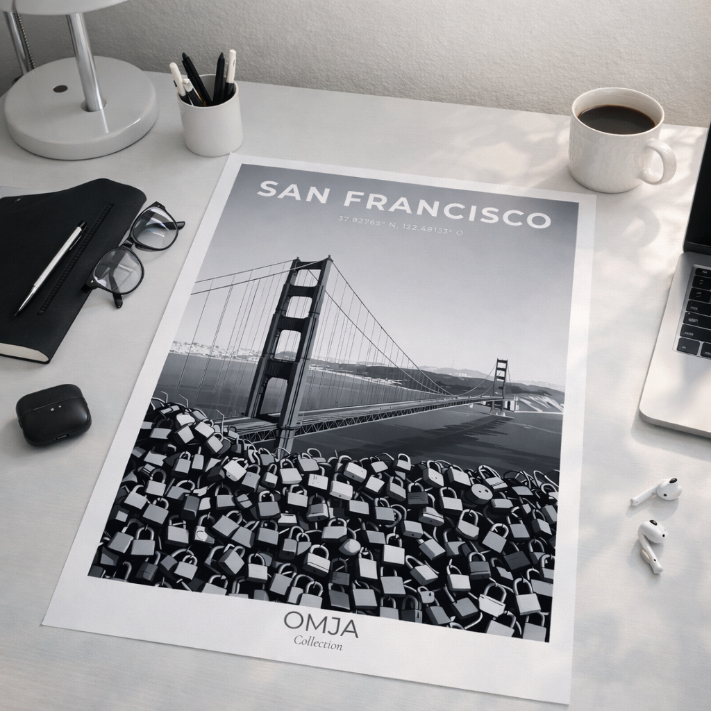 Affiche San Francisco Noir et Blanc – Golden Gate Bridge & Cadenas d’Amour | Poster Voyage Élégant
