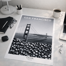 Affiche San Francisco Noir et Blanc – Golden Gate Bridge & Cadenas d’Amour | Poster Voyage Élégant
