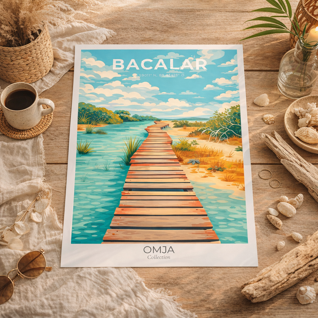 Affiche Bacalar Mexique | Poster lagune turquoise “7 couleurs” | Déco tropicale chic | Art mural voyage | Cadeau plage
