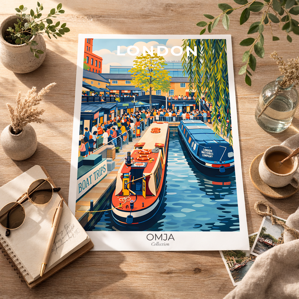 Affiche Londres Camden | Poster voyage UK canal & péniches | Déco urbaine chic | Art mural city trip | Cadeau London
