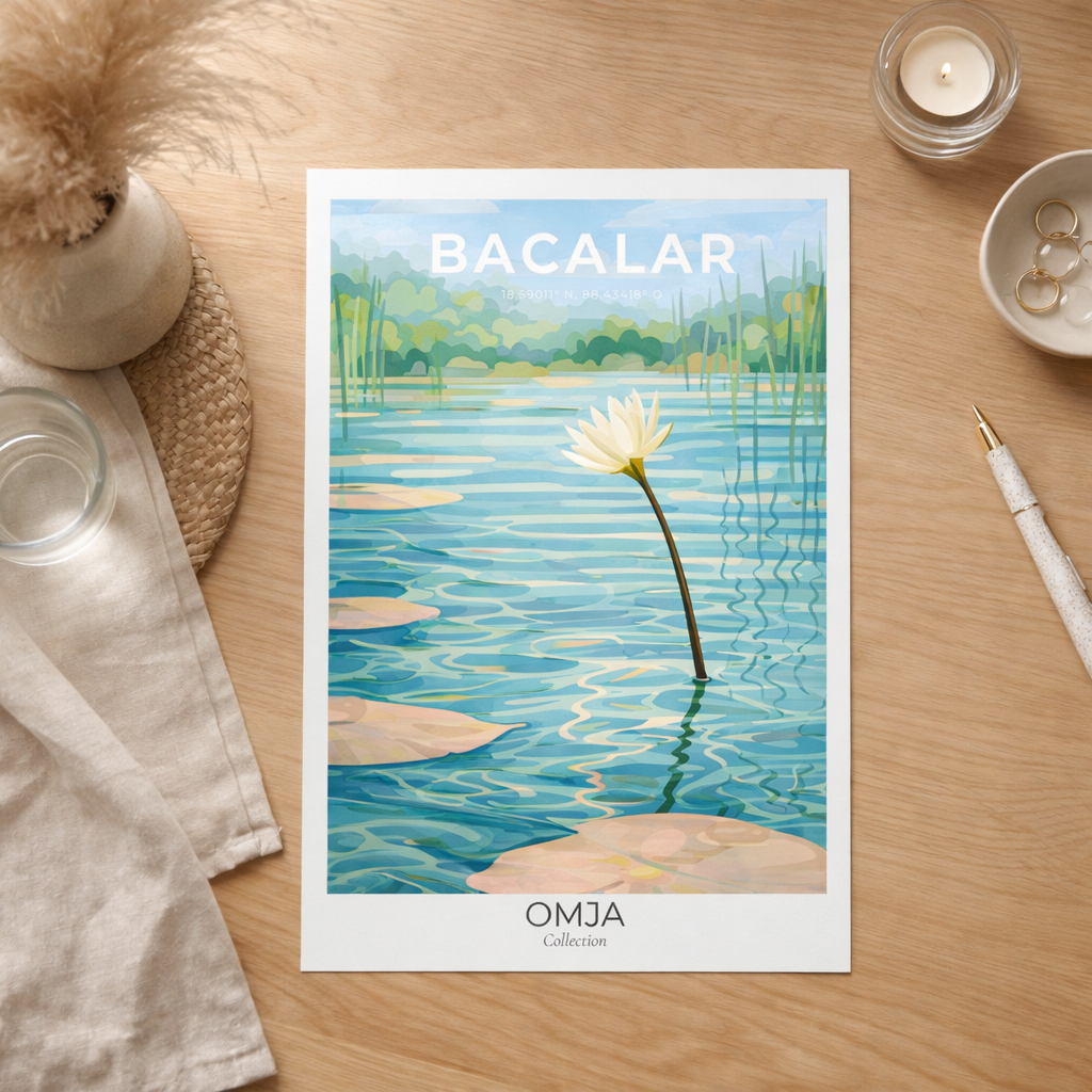 Affiche Bacalar Mexique – Lagune aux 7 Couleurs & Nature Tropicale – Poster Voyage Déco Bohème – Nénuphars au soleil