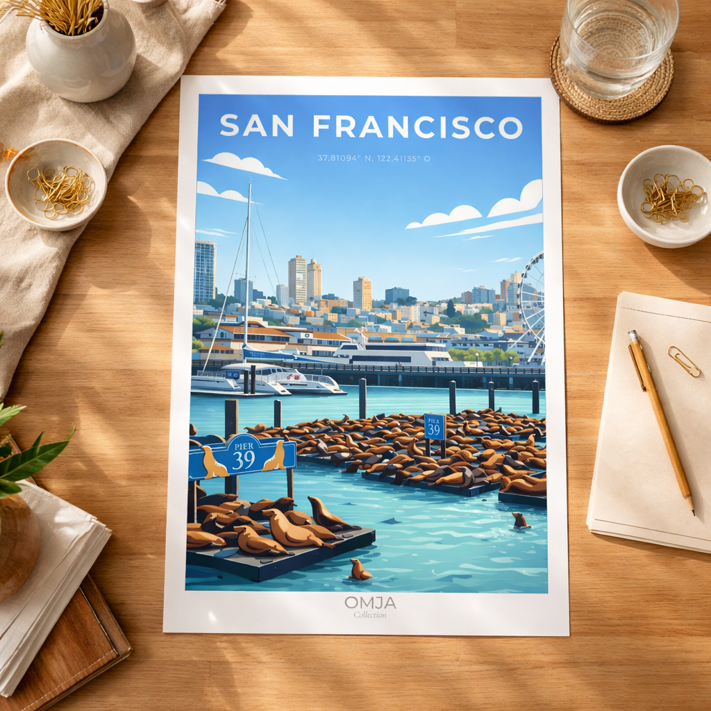 Affiche San Francisco – Pier 39 & Lions de Mer | Poster Voyage Déco Murale