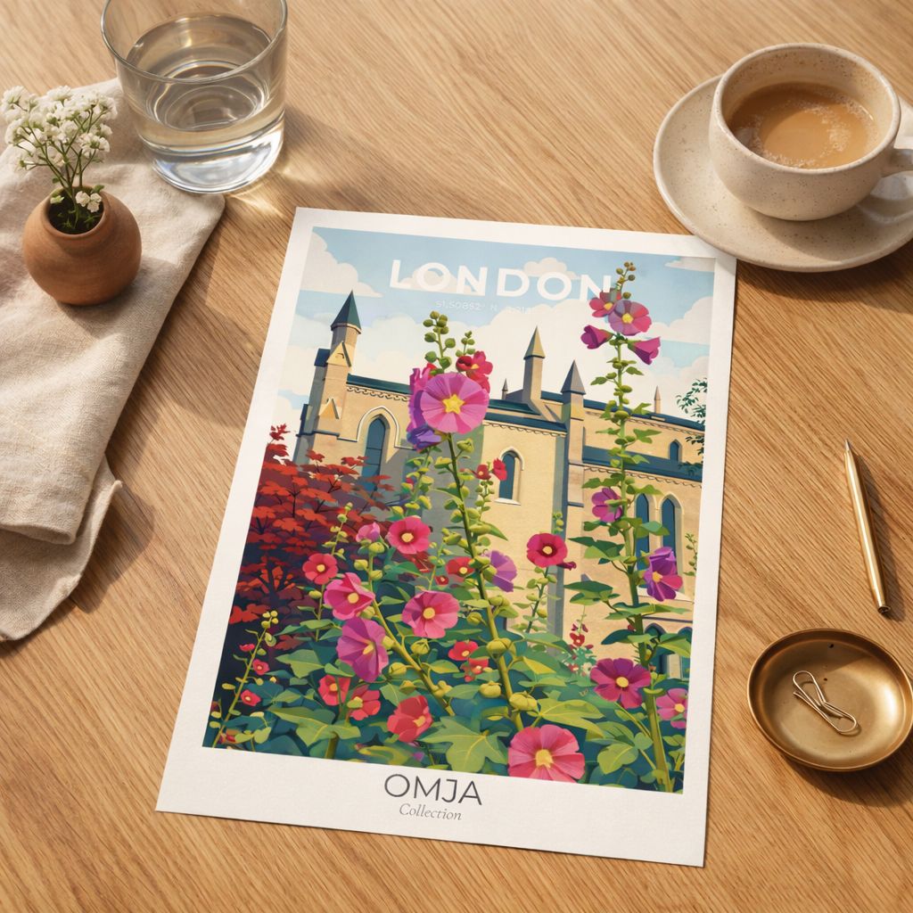 Affiche Londres fleurie – Poster London jardin anglais & architecture gothique, déco murale romantique chic, souvenir de voyage