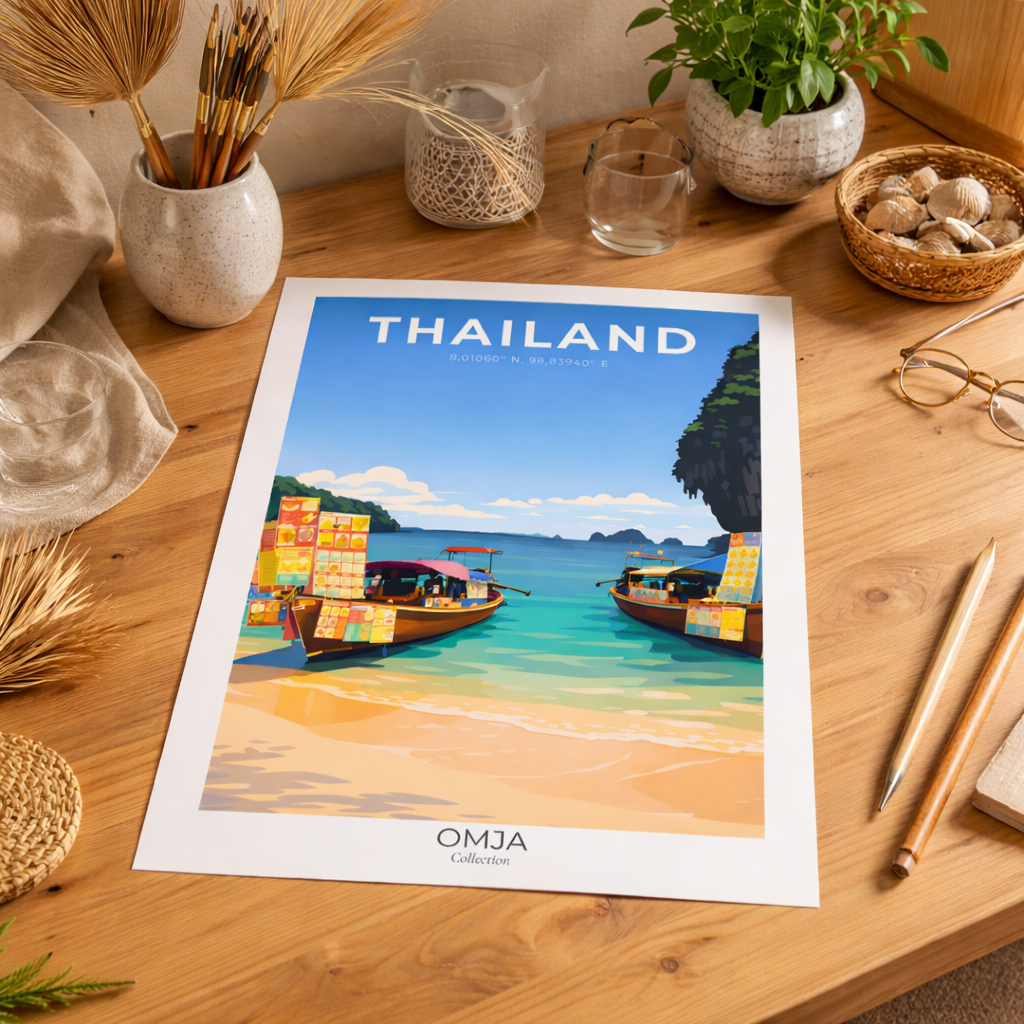 Affiche voyage Thaïlande authentique – Poster mural tropical inspiré de nos voyages, idée cadeau déco bord de mer élégante