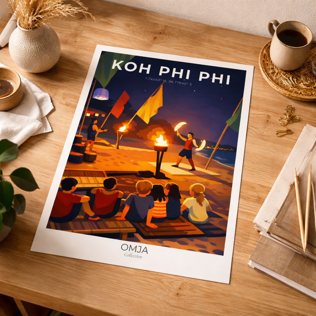 Affiche Koh Phi Phi Thaïlande – Nuit tropicale & spectacle de feu sur la plage, poster voyage photo authentique, déco bohème