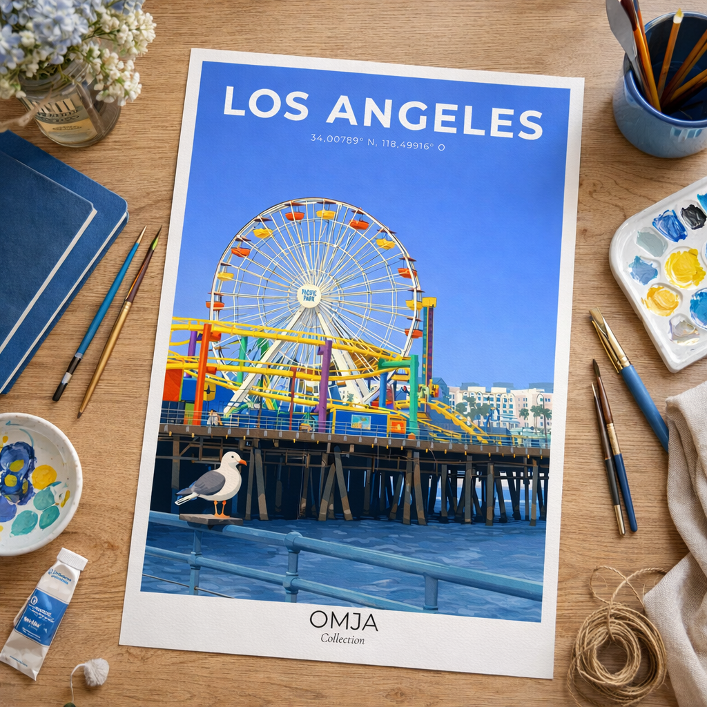 Affiche Los Angeles – Santa Monica Pier & Soleil Californien | Poster Voyage Déco Murale