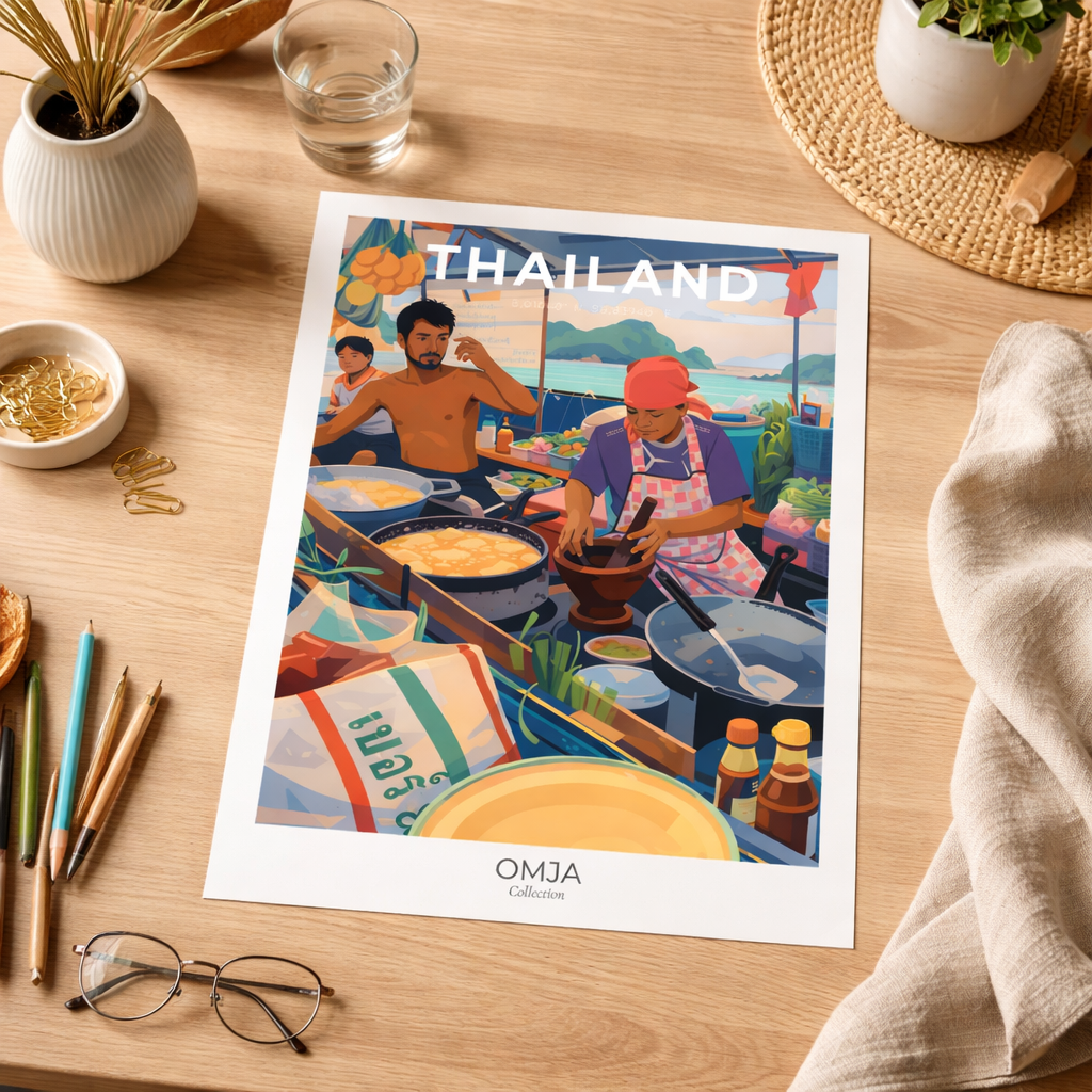 Affiche Thaïlande Railay Beach, Krabi – ambiance street food tropicale, photo de voyage authentique, déco bohème chic murale