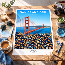 Affiche San Francisco – Golden Gate & Cadenas d’Amour | Poster Voyage Déco Murale Moderne