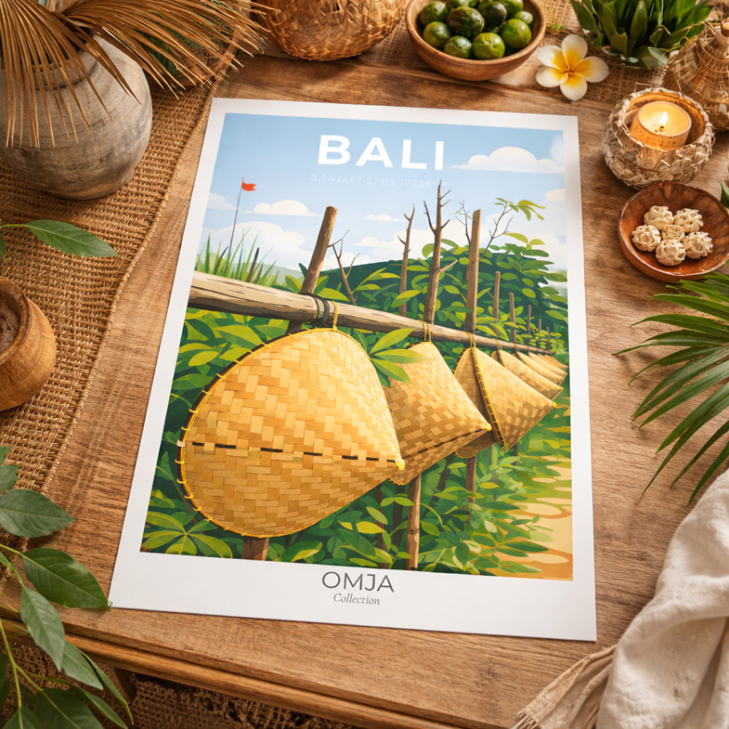 Affiche Bali – Esprit rizières & artisanat balinais | Décoration murale voyage, poster tropical chic