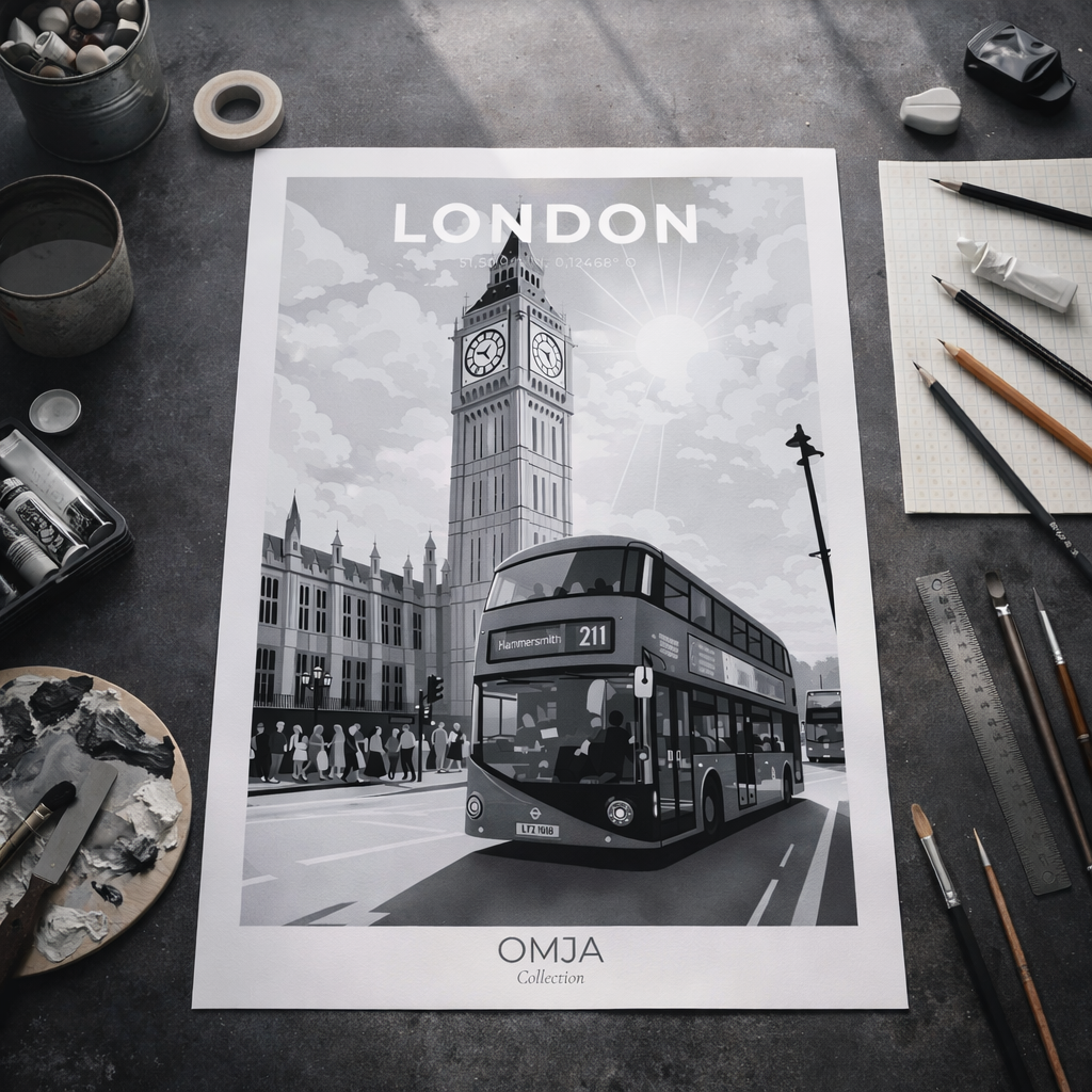 Affiche Londres vintage – Poster London Big Ben & bus iconique, déco murale chic, souvenir de voyage authentique