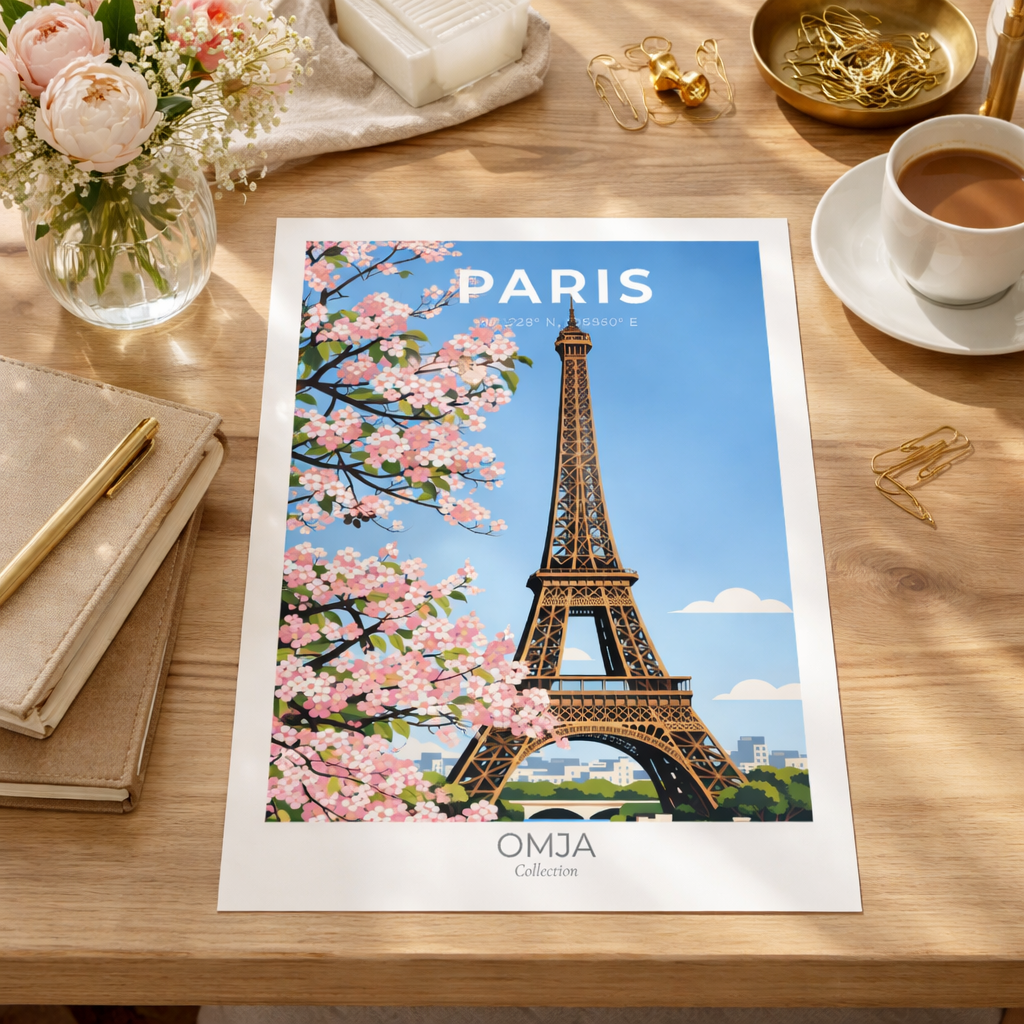 Affiche Paris – Tour Eiffel & Fleurs de Printemps | Poster Voyage Romantique Déco Murale