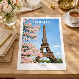 Affiche Paris – Tour Eiffel & Fleurs de Printemps | Poster Voyage Romantique Déco Murale