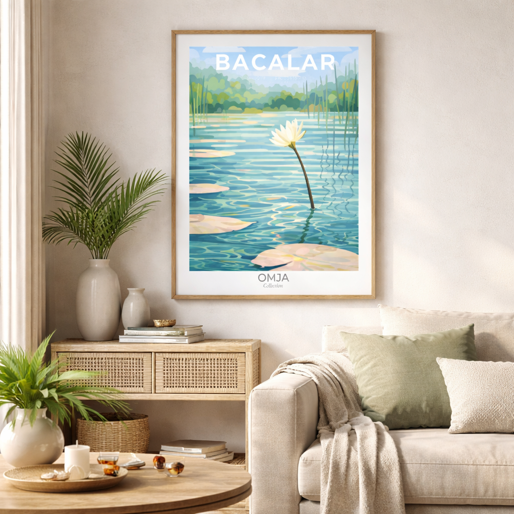 Affiche Bacalar Mexique – Lagune aux 7 Couleurs & Nature Tropicale – Poster Voyage Déco Bohème – Nénuphars au soleil