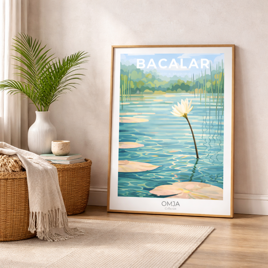 Affiche Bacalar Mexique – Lagune aux 7 Couleurs & Nature Tropicale – Poster Voyage Déco Bohème – Nénuphars au soleil