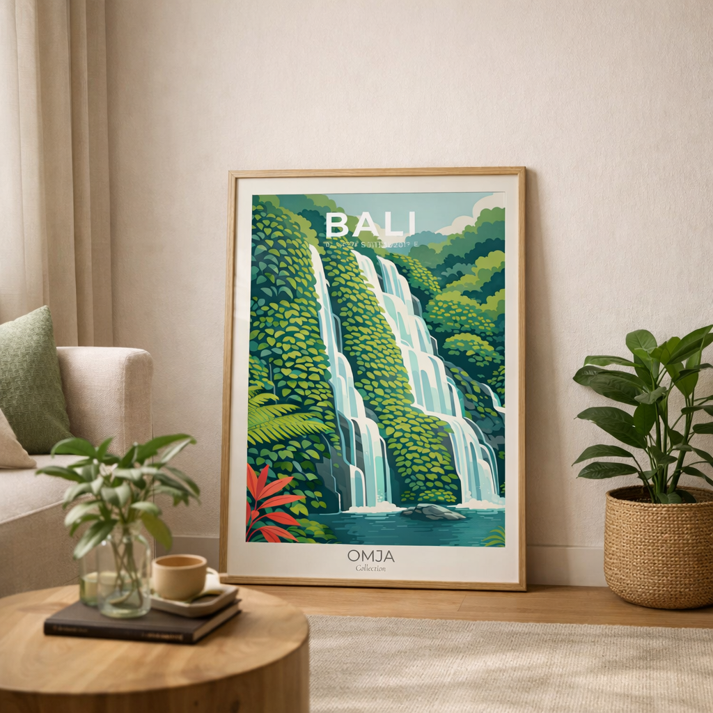 Affiche Bali Cascade – Poster voyage jungle tropicale, déco murale premium, cadeau souvenir Indonésie