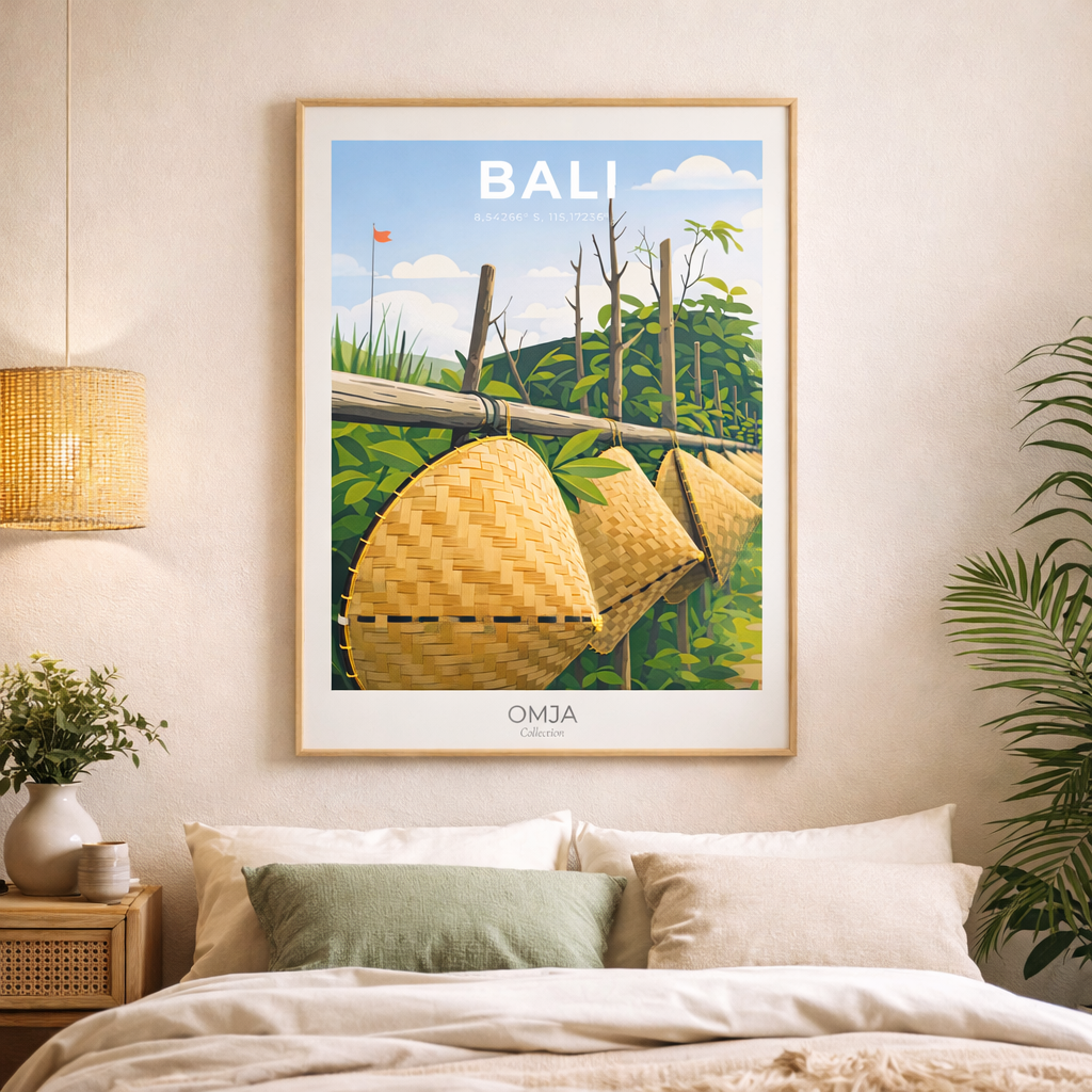 Affiche Bali – Esprit rizières & artisanat balinais | Décoration murale voyage, poster tropical chic