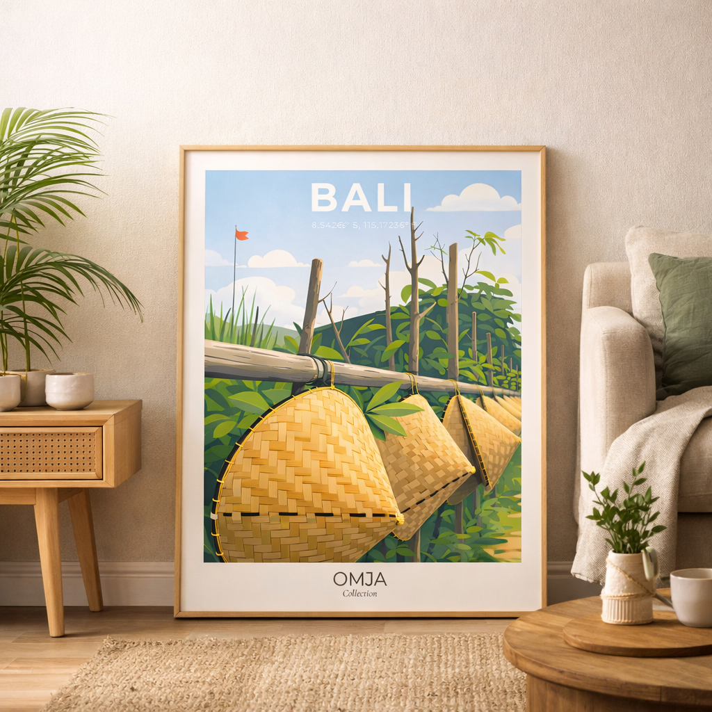 Affiche Bali – Esprit rizières & artisanat balinais | Décoration murale voyage, poster tropical chic