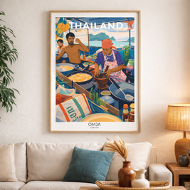 Affiche Thaïlande Railay Beach, Krabi – ambiance street food tropicale, photo de voyage authentique, déco bohème chic murale
