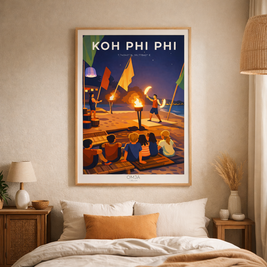 Affiche Koh Phi Phi Thaïlande – Nuit tropicale & spectacle de feu sur la plage, poster voyage photo authentique, déco bohème