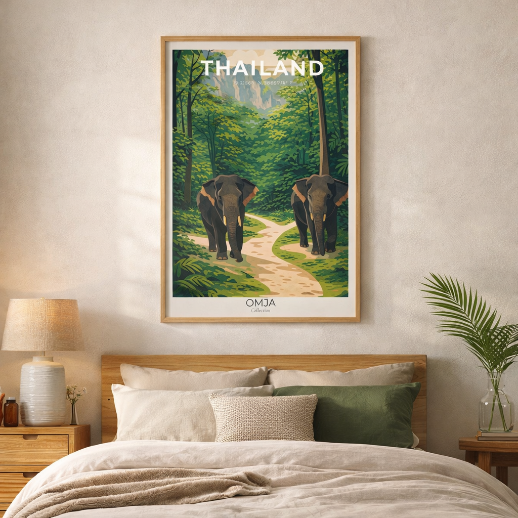 Affiche Thaïlande Nord • Éléphants & jungle tropicale • Poster voyage avec coordonnées GPS • Photo originale de nos aventures