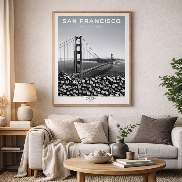 Affiche San Francisco Noir et Blanc – Golden Gate Bridge & Cadenas d’Amour | Poster Voyage Élégant