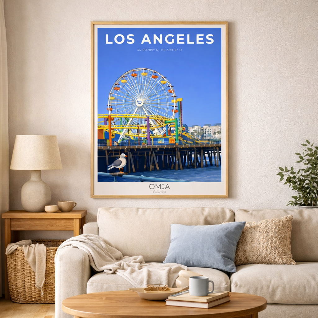 Affiche Los Angeles – Santa Monica Pier & Soleil Californien | Poster Voyage Déco Murale