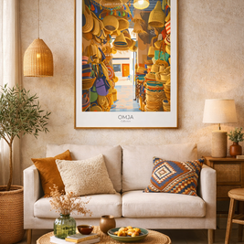 Affiche Marrakech Maroc – Esprit souk & artisanat, poster voyage chaleureux, déco bohème chic
