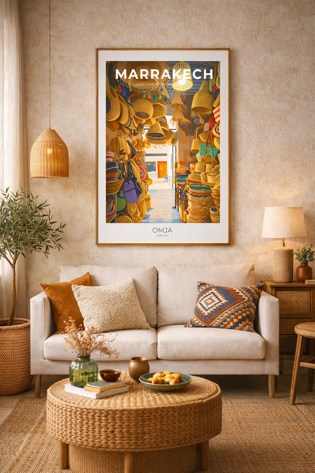 Affiche Marrakech Maroc – Esprit souk & artisanat, poster voyage chaleureux, déco bohème chic
