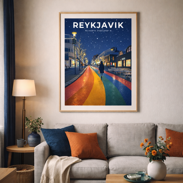 Affiche Reykjavik Arc-en-Ciel – Rue Colorée de Nuit en Islande | Poster Voyage Scandinave Moderne