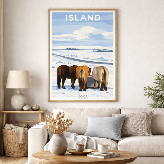 Affiche Islande – Chevaux islandais en hiver | Poster voyage nordique minimaliste | Décoration murale scandinave